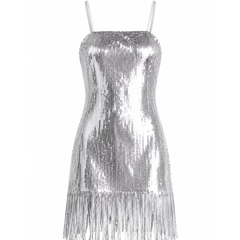 LIKELY Silver Sequin Fringe Mini Dress Cocktail Party Dress Size 10 - Picture 3 of 10